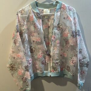 Maeve Sheer Floral Bomber Jacket - Light Blue, Pink & Mauve